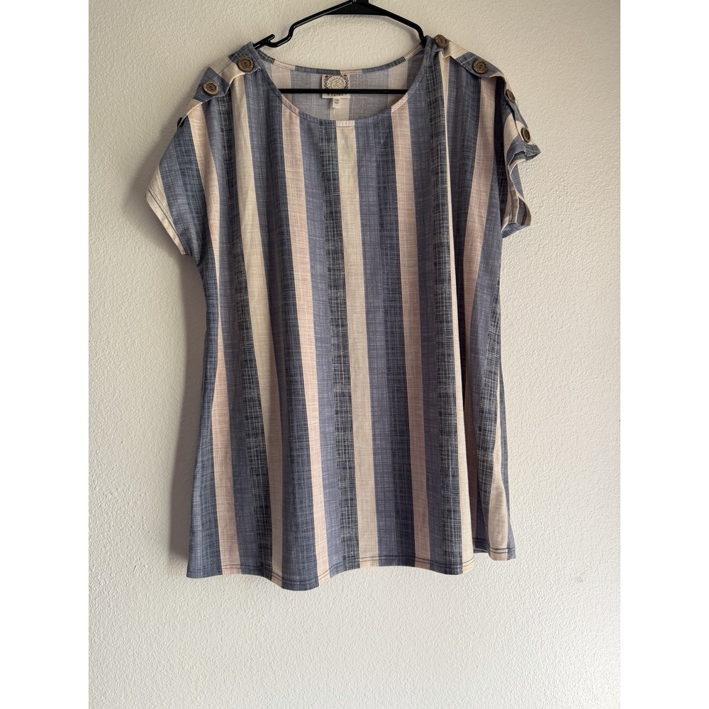 New TruSelf Blouse‎ Women 1X Plus Blue Striped Short Sleeve Round Neck Casual